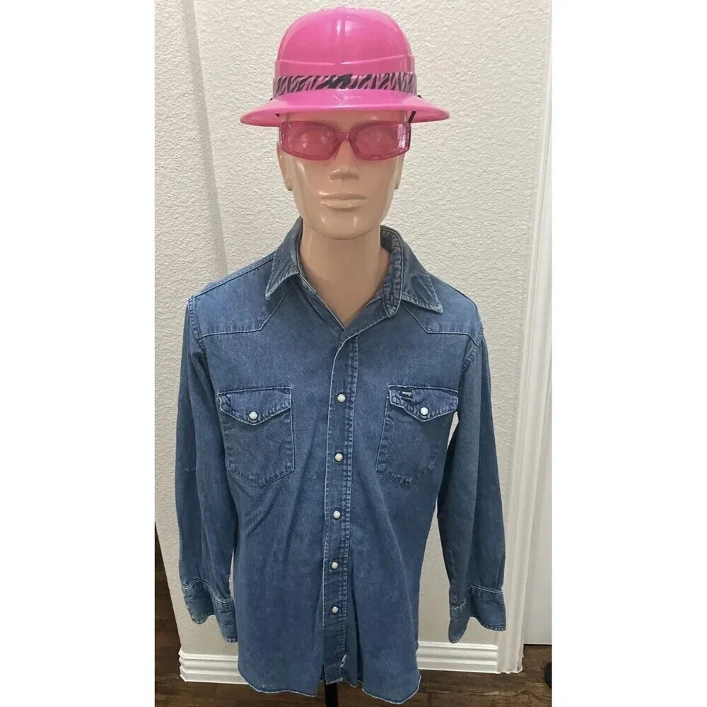 Vintage Wrangler Denim Pearl Snap Sanforized Shirt Men's Size 16 1/2x33 Raw Edge